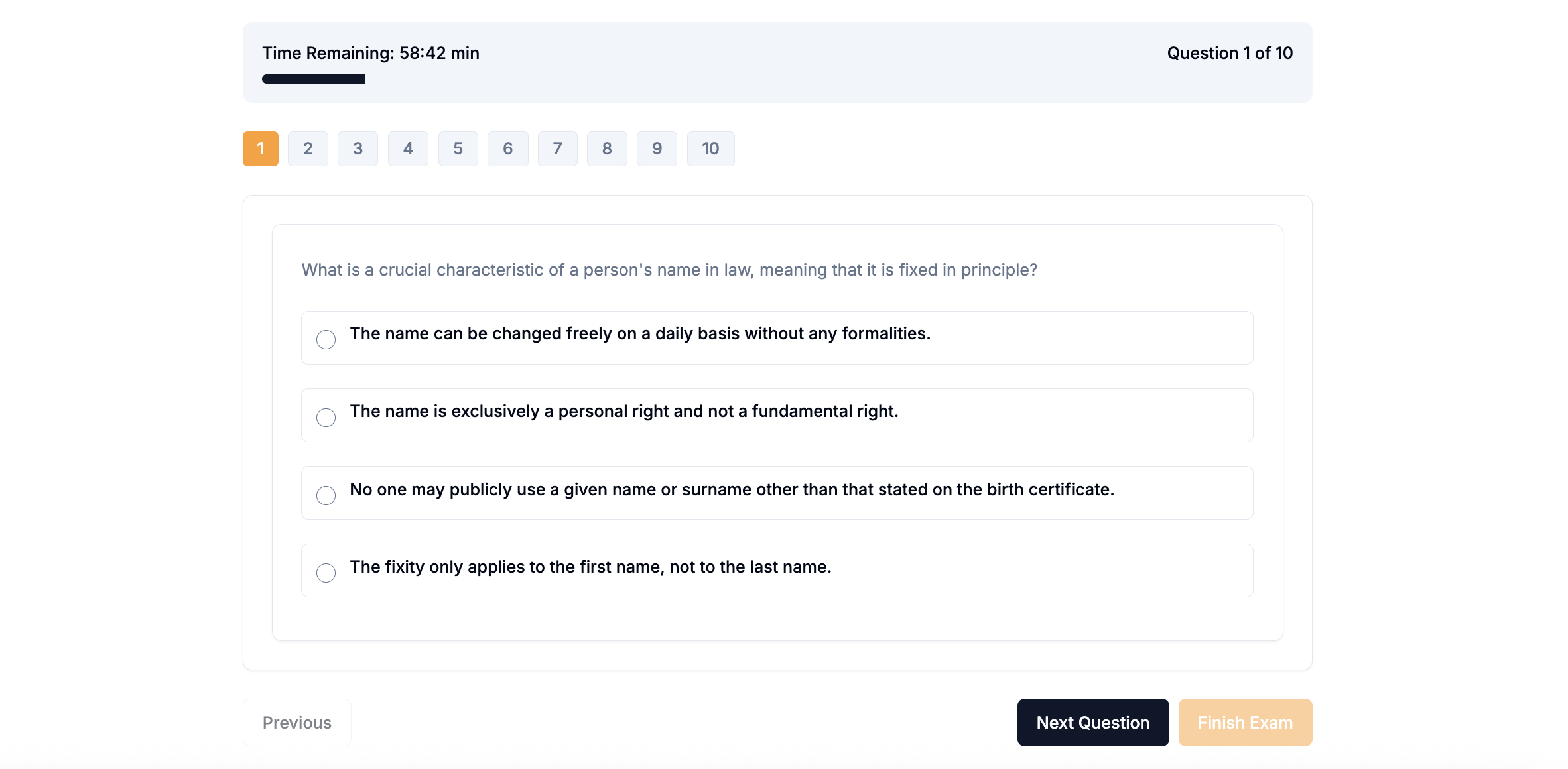 Screenshot of the exam simulation feature