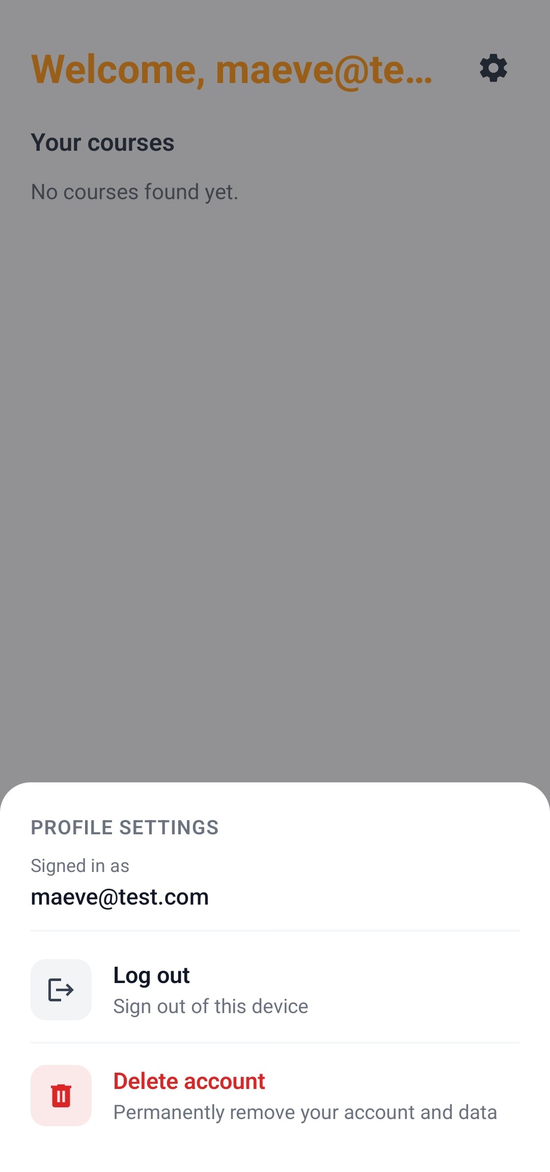 Profile Settings bottom sheet showing Log out and Delete account options.