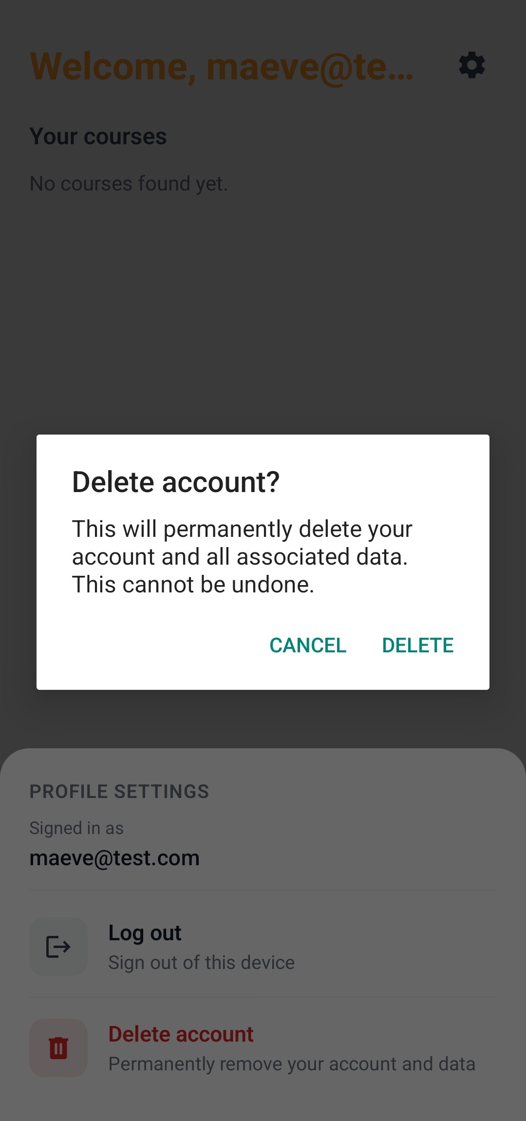 Confirmation dialog asking whether to permanently delete the account.